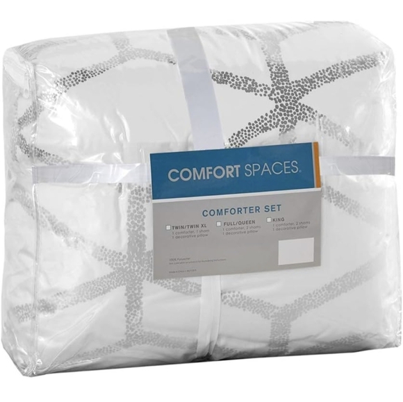 FULL/QUEEN 4pc. Metallic Vivian Comforter Set by Comfort Spaces White Silver - Picture 6 of 9